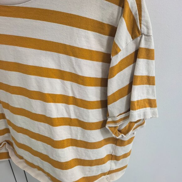 Mustard Yellow Striped Cropped Tee Oversized Boxy Crop Top Casual - Picture 3 of 5